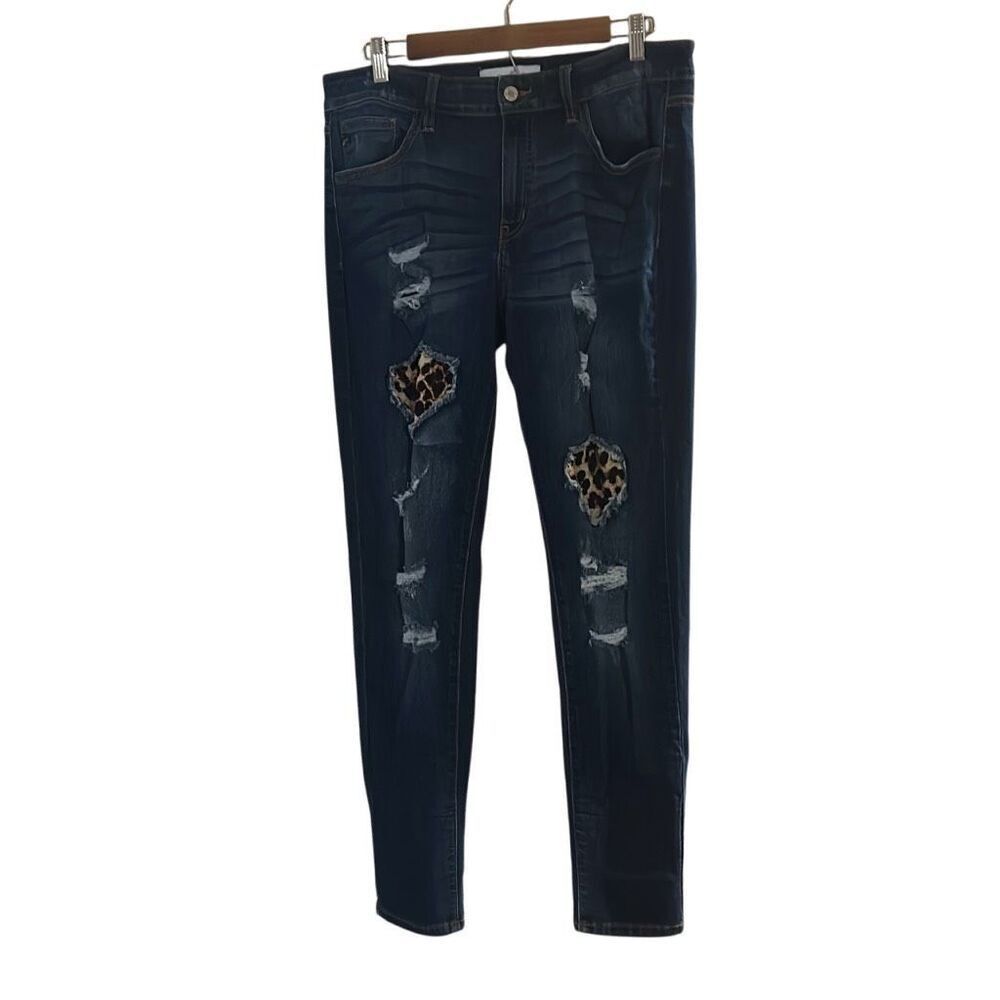 KanCan Distressed Leopard Patch Dark Wash Denim Jeans